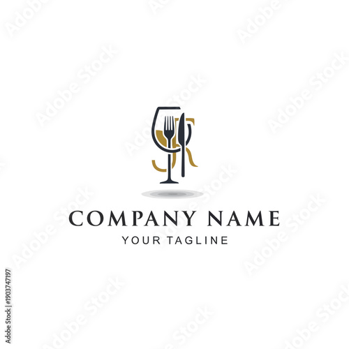 Elegant Restaurant Logo Design with Wine Glass Fork and Knife.