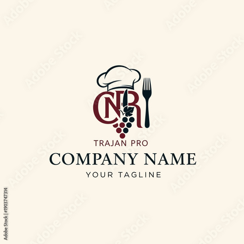 Restaurant Logo Design with Chef Hat Grapes and Fork.