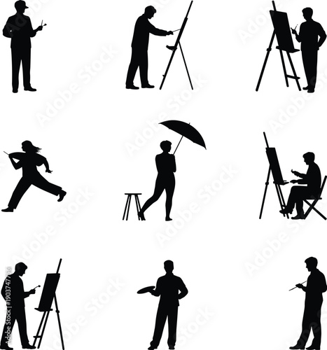Artist painter silhouette set showing people drawing painting sketching on easels creative process black vector illustration collection