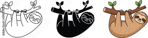 Set of three sloth illustrations including outline silhouette and colored cartoon styles hanging on a tree branch for diverse design applications