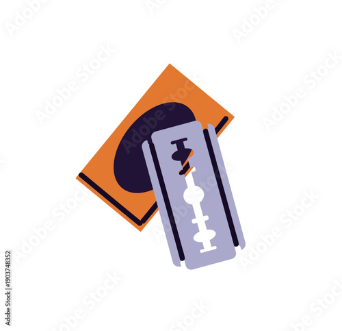 Package of razor blade. Icon of sharp edge for shaving beard, hair. Metal razorblade for shaver. Barber tool, barbershop supply, hairdressing accessory. Flat isolated vector illustration on white