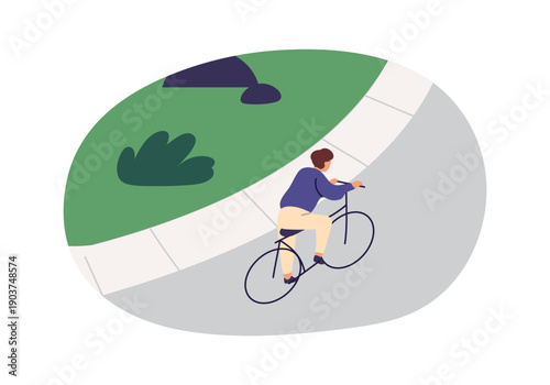 Sports person is cycling in park in summer. Happy kid rides a bicycle on path among green lawns. Character walks with bike in nature, outdoors. Flat isolated vector illustration on white background