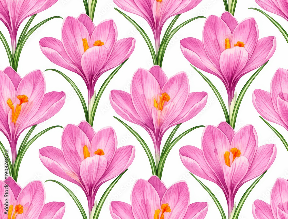 Obraz premium Elegant pink crocus seamless pattern with delicate green stems on light gray backdrop - hand-painted watercolor design for textiles and wallpaper