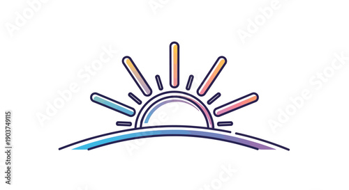 Minimalist colorful sunrise or sunset icon with radiating light over horizon line depicting new