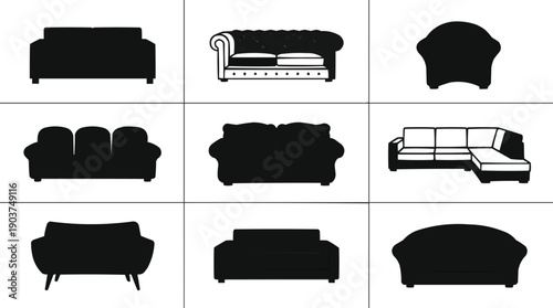 described features a 3x3 grid showcasing nine different types of sofas, each represented as black silhouettes against a white background. 