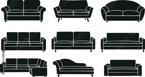 described features a grid layout containing nine distinct sofa silhouettes, each presented in solid black against a white background