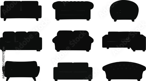 described features a collection of nine distinct sofa silhouettes, each presented in solid black against a clean white background