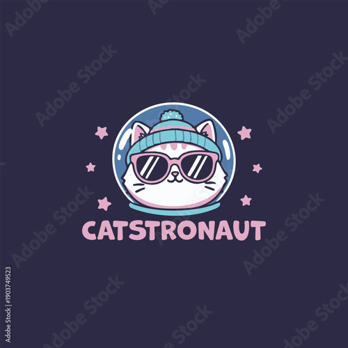 A Cool Cat cartoon illustration featuring a stylish kitten wearing a beanie and sunglasses inside a space helmet surrounded by stars on a dark background