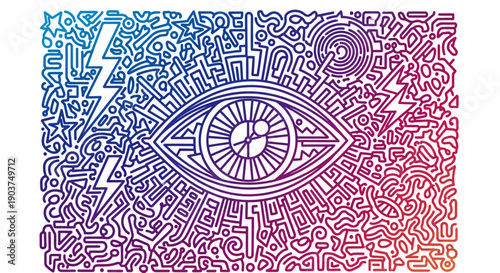 Intricate abstract eye graphic with gradient lines and complex doodle patterns representing vision