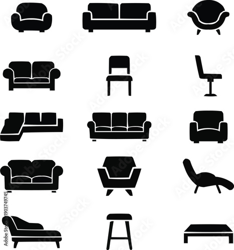  described features a collection of fifteen black and white furniture icons, including various sofas, chairs, and loungers. 