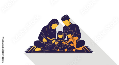 Muslim family reading together on a prayer mat, studying religious texts. Islamic parents and children learning, flat vector illustration.