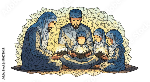 Muslim family reads holy books together, sharing knowledge and faith in a warm, glowing, geometric illustration depicting spiritual education and unity.
