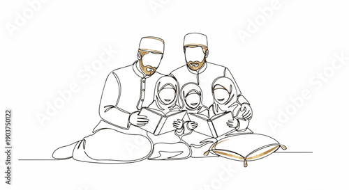 Muslim Family Reading Together: Parents and Children in Traditional Attire, Continuous Line Art Illustration