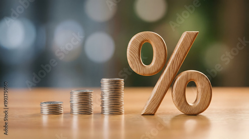 Gradually increasing stacks of bright coins stand next to a large wooden percentage symbol on a clean light wooden table bathed in soft light with a b