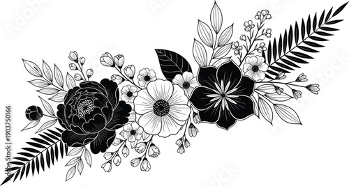 described features a monochrome floral design characterized by a variety of flowers and leaves arranged horizontally.
