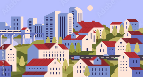 Minimal geometric cityscape. City streets with high rise houses, buildings, skyscrapers, roads. Urban landscape with business and residential districts. Town architecture. Flat vector illustration