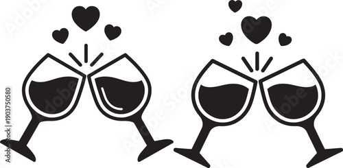 Two glass of wine silhouette celebrate with hearts