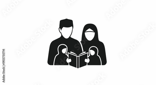 Muslim family icon with parents and children reading a book together, symbolizing religious education, family values, and unity in a simple silhouette.