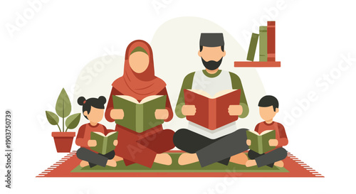 Joyful Muslim family reading books together at home, promoting education, literacy, and strong Islamic values for children's growth.