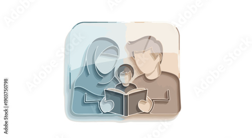 Muslim family reading a book together, symbolizing education, knowledge, and shared learning in a modern, stylized illustration.