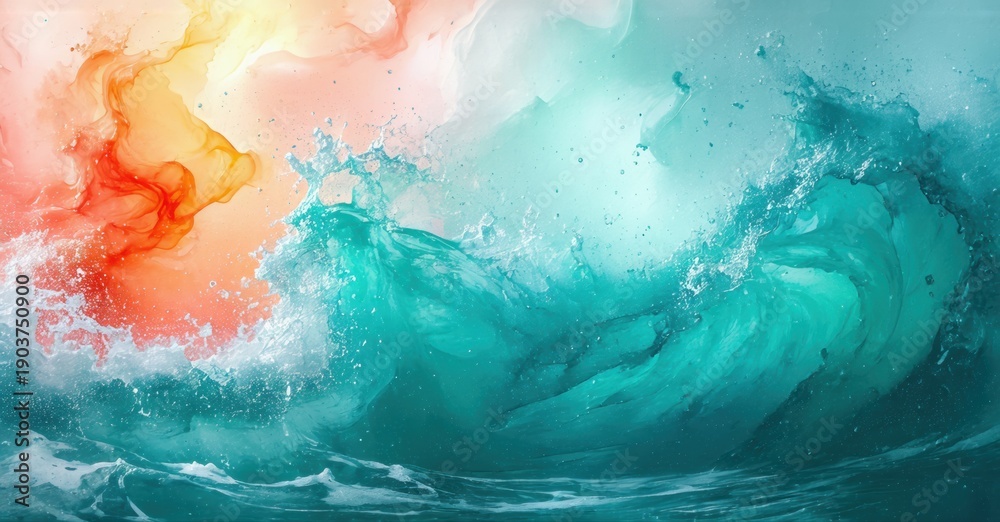 Fototapeta premium Abstract ocean waves, vibrant colors blend. Turquoise, coral hues create dynamic energy, fluid motion. Beautiful, artistic impression.