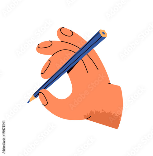 Human hand holding blue pencil. Student is writing and drawing with crayon. Stationery for notes in palm. School or office supply for studying. Flat isolated vector illustration on white background