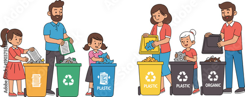Families and individuals sorting waste into labeled recycling bins for environmental awareness and responsible disposal visuals