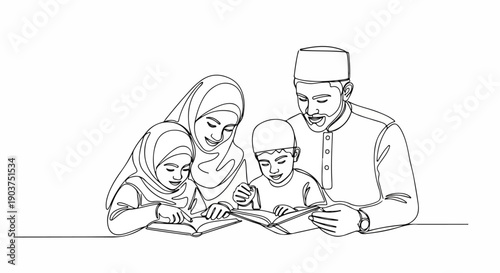 Muslim Family Reading Together: Parents and Two Children Engaged in Learning and Bonding