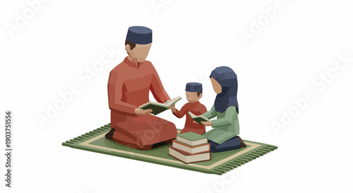 Muslim family reading Quran together on a rug, father teaching children Islamic education and values