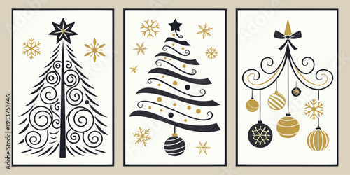 Elegant Black & Gold Christmas Tree Set – Modern Minimalist Holiday Tree Illustrations for Festive Cards & Decor