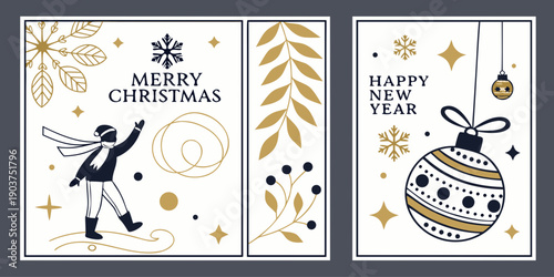 Elegant Christmas & New Year Cards – Gold, Black & White Holiday Designs with Ice Skater and Ornate Ornament
