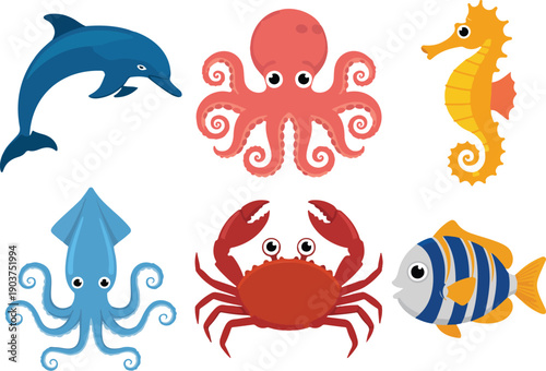 Set of cute marine animal cartoon characters including dolphin octopus seahorse squid crab and tropical fish.