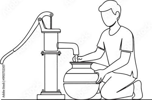 A simple line drawing of a person filling a traditional pot with water from a manual hand pump