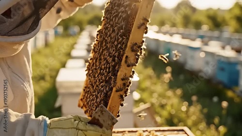 Beekeeper carefully examining a bee frame in a vibrant apiary with rows of hives