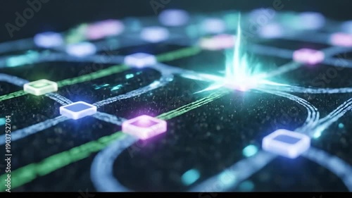 Abstract Digital Network Grid with Glowing Connections and Nodes Representing Data Flow and Communication.