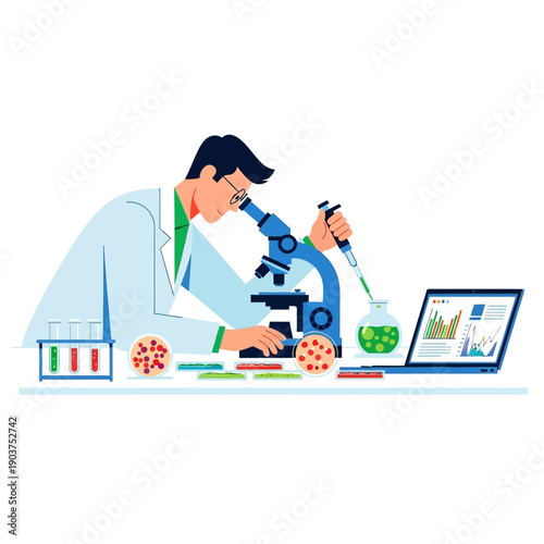 Scientist examining cells under microscope with laptop and lab equipment