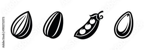Almond and pea in black and white, flat vector illustration