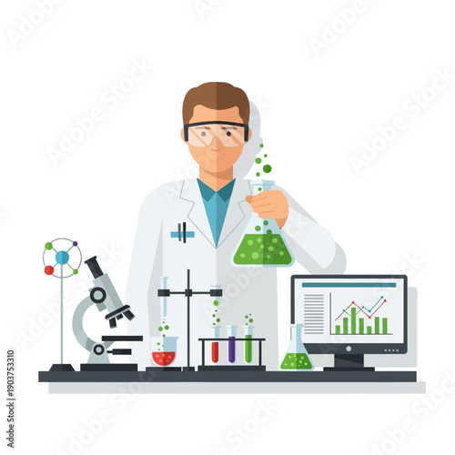 Scientist conducting experiment with flasks and microscope in lab
