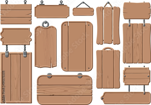 A comprehensive assortment of various blank wooden signs and rustic signboards, featuring diverse shapes, textures, and hanging options, perfect for design elements, information, or decor