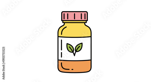 Vibrant cartoon illustration of a bottle with a green leaf symbol for natural products or