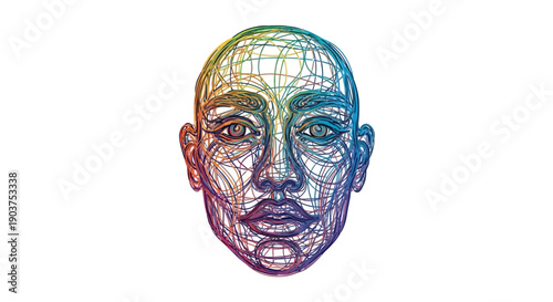 Abstract wireframe human face with colorful lines depicting complex thought processes and digital