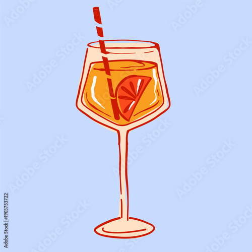 Colorful cocktail in a tall glass with a straw and orange slice on a light blue background