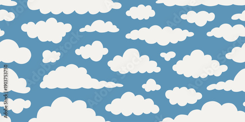 Seamless clouds abstract pattern with blue background. Summer or spring texture. Simple light monochrome, cloud dancer. Surface pattern design. Wallpaper, print, fabric, doodle. Vector illustration.
