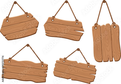 Collection of rustic blank wooden signs, varied in shape and texture, suspended by ropes. Ideal for vintage, country graphic designs, custom messages, or decorative elements