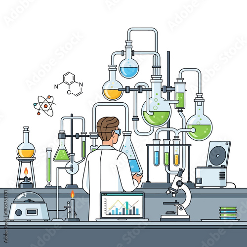 Scientist Working in Laboratory with Complex Chemical Apparatus and Microscope