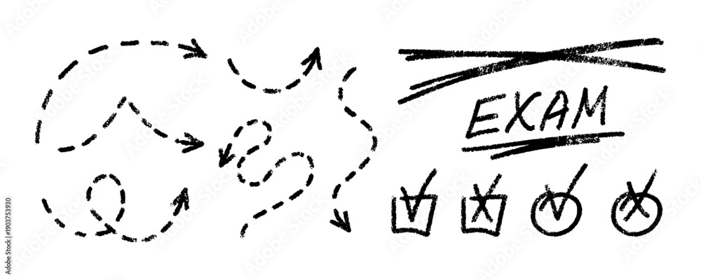 Obraz premium Hand-drawn educational doodles including dashed arrows, EXAM text, and checkmarks. Vector set for school projects, testing, and progress tracking. Exam grade marks, textured elements set.