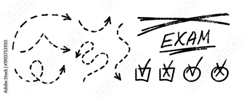 Hand-drawn educational doodles including dashed arrows, EXAM text, and checkmarks. Vector set for school projects, testing, and progress tracking. Exam grade marks, textured elements set.