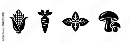 Corn, carrot, basil, and mushrooms icons in black and white, flat vector illustration