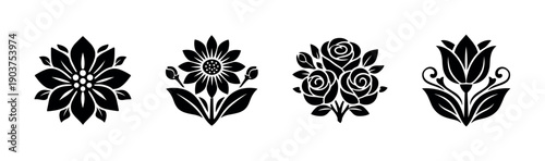 Set of floral designs, black and white silhouettes - flat vector illustration