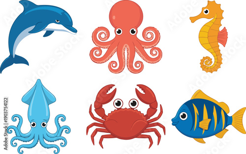 Set of cute marine animal cartoon characters including dolphin octopus seahorse squid crab and tropical fish.